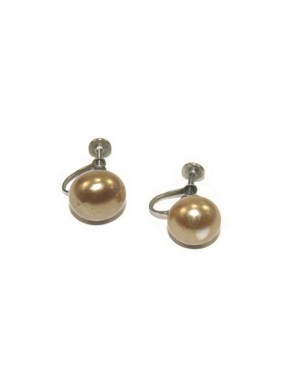 Vintage Gold Tone Round Faux Pearl Earrings with Screw Back Earrings.